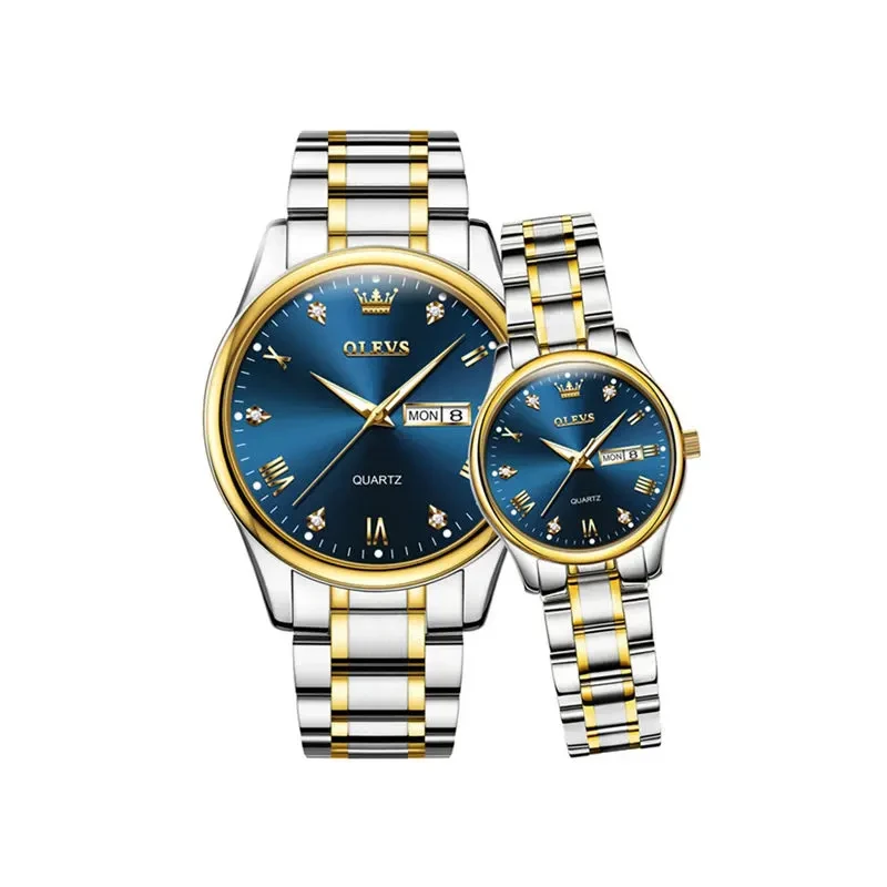 Olevs Fashion Blue Dial Two-tone Couple Watch- 5563